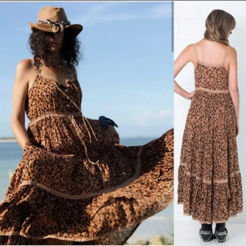 New Boho Saphari Leopard Maxi Sundress Dress - Picture 5 of 12